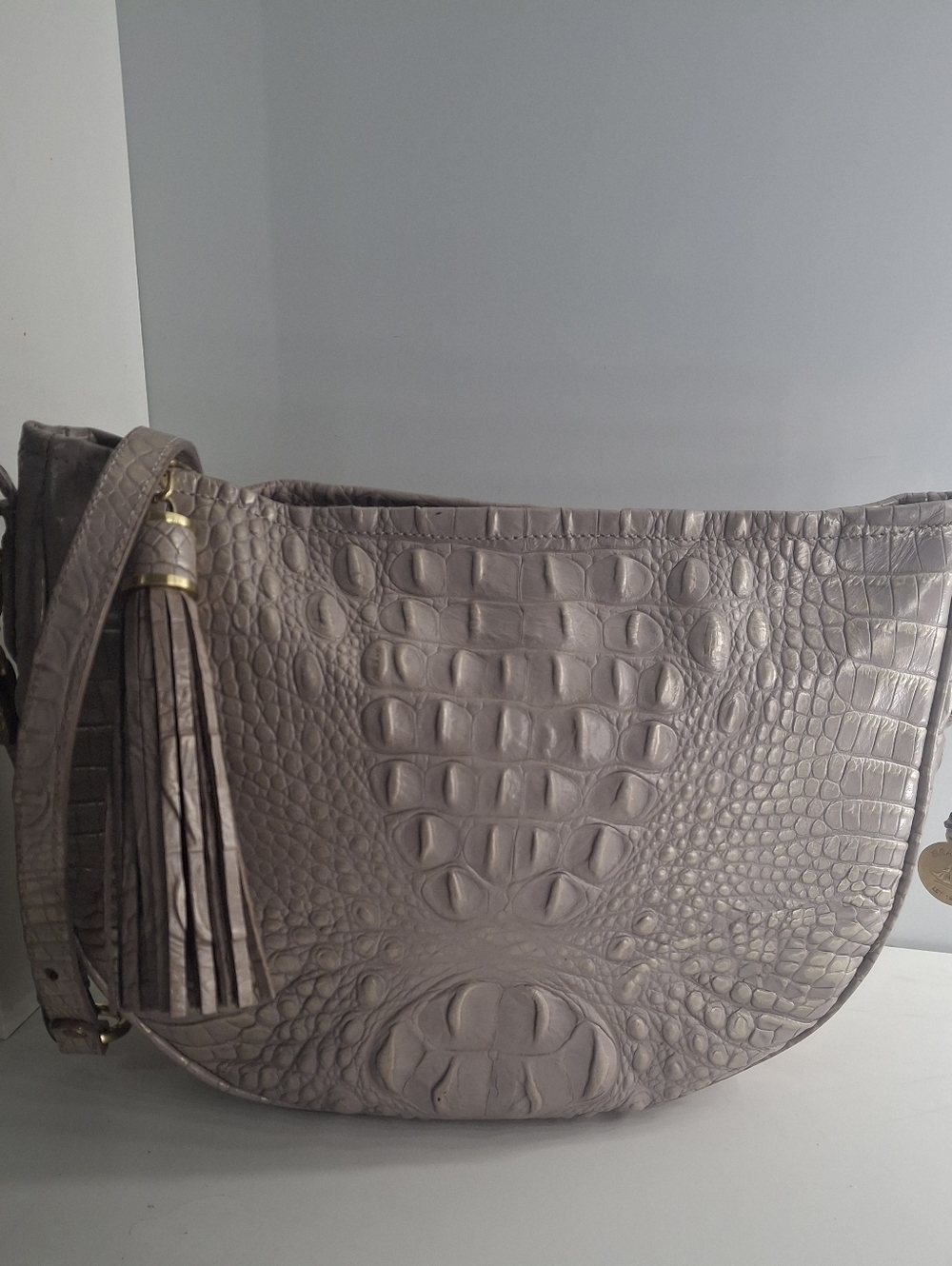 Brahmin Kathleen Croc-Embossed Gray Leather Crossbody Bag with Tassel EUC